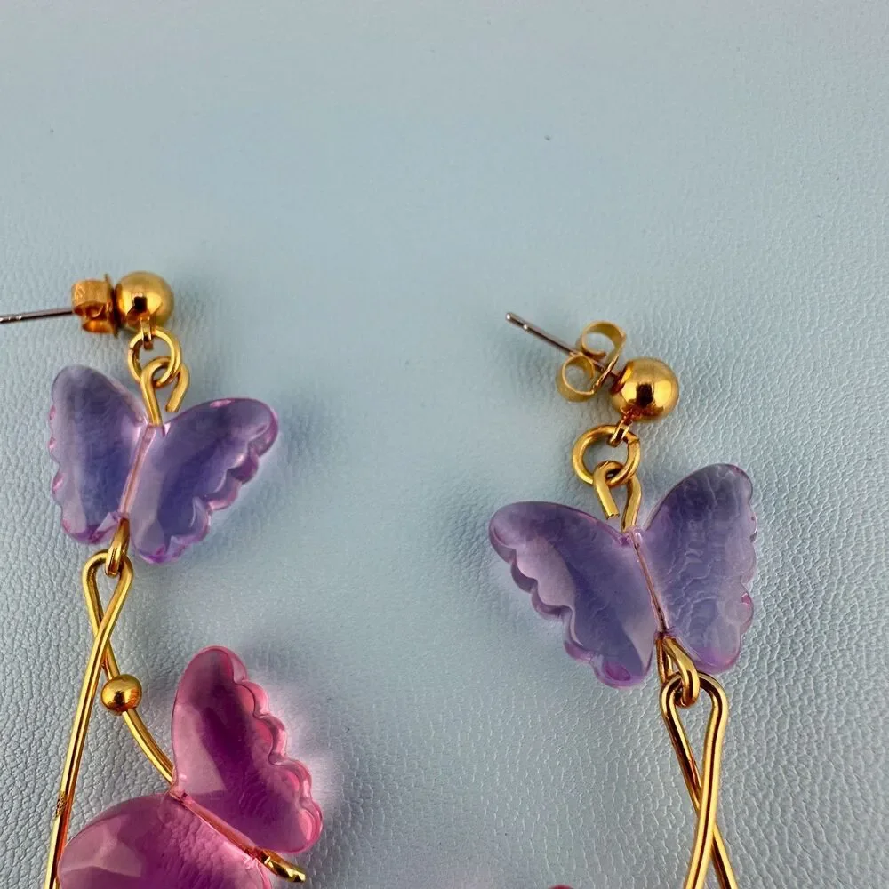 Vintage Butterfly Dangle Earrings Pink Purple Lucite Gold Tone Pierced Signed